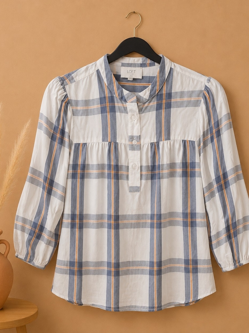 LOFT White Plaid Henley Top with Blue and Tan Stripes